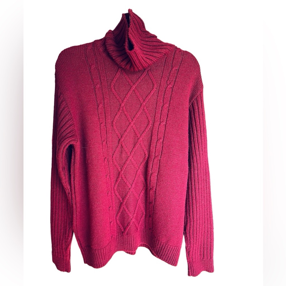 Mavi Men’s Cable Knit WoolTurtleneck Sweater - Burgundy- Size Medium